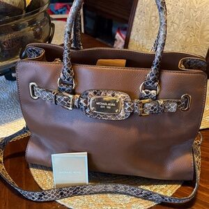 Michael Kors Brown Leather Satchel with Snake-Print Trim